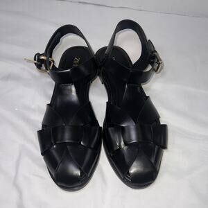Zara Fisherman Sandals Size 39 (8) Black Gladiator Leather Caged Toe Flat Casual